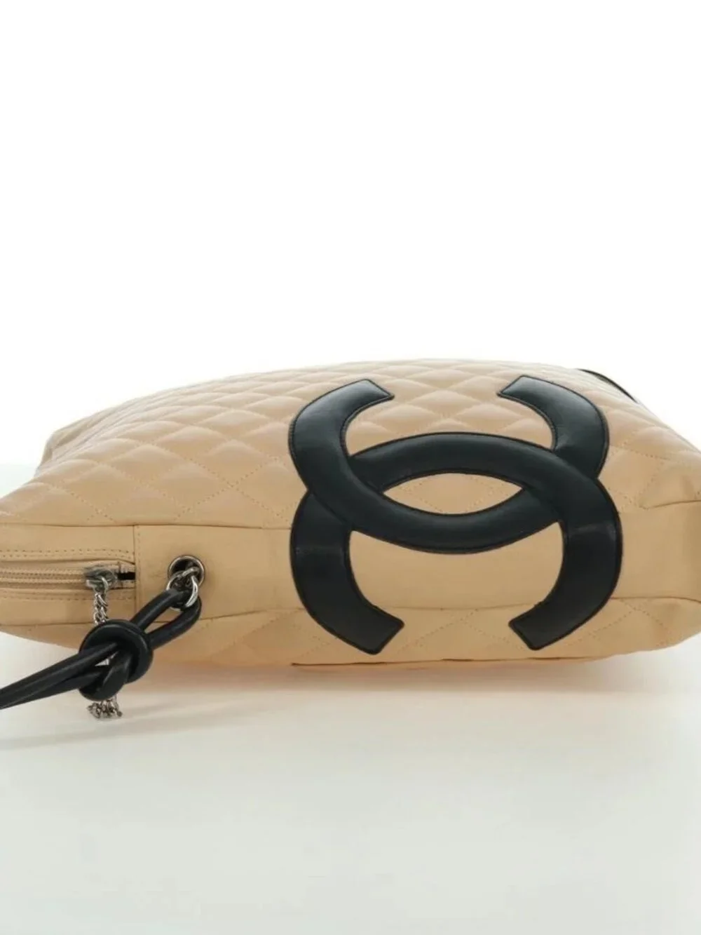 CHANEL Cambon Line Matelasse Shoulder Bag Lamb Skin Beige Black CC Auth am10849V
